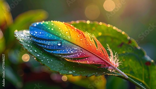A rainbow feather resting on a dewy leaf