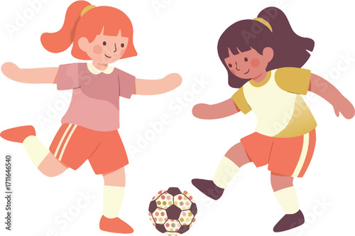 vector illustration of a diverse group of young girls playing soccer together in a park for an International Day of the Girl Child concept of teamwork and sports.