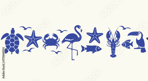 Blue ocean creatures and birds create a fun summer border design on white background
