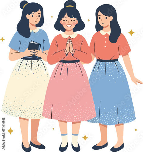vector illustration of a diverse group of three young girls holding hands and a book for an International Day of the Girl Child theme of friendship and shared education.