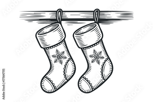 Christmas stockings with snowflake motifs hanging on a wooden surface. Vector hand drawn illustration