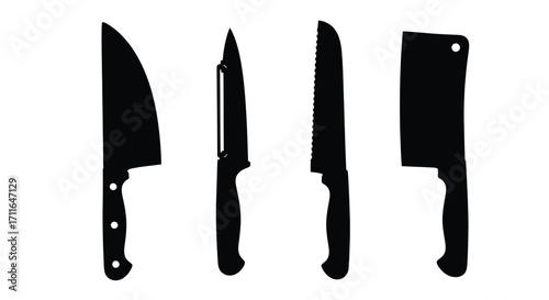 Set of four chef kitchen knives silhouette objects for food preparation and culinary arts vector