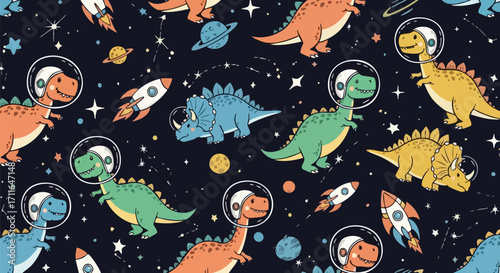 Adorable cartoon dinosaurs in space, exploring the galaxy with rockets and planets