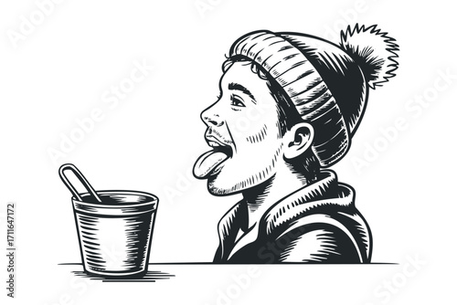 Young Person in Beanie Hat Sticking Tongue Out Toward Cup. Vector hand drawn illustration