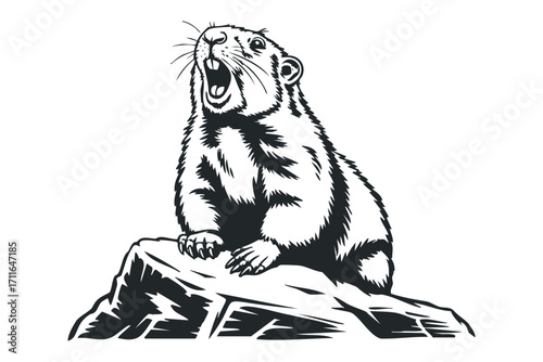 Groundhog howling on rock transparent background. Vector hand drawn illustration