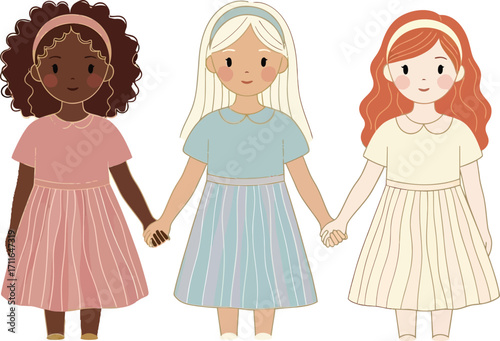 vector illustration of a diverse group of three young girls in dresses holding hands for an International Day of the Girl Child theme of friendship and solidarity.