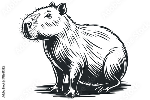 Capybara sitting on a surface in a striking monochrome sketch. Vector hand drawn illustration