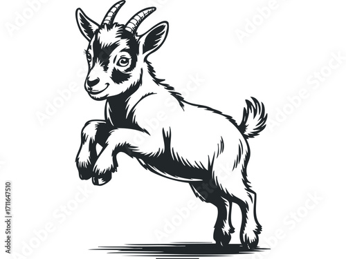Playful young goat jumping with energy, isolated on transparent. Vector hand drawn illustration