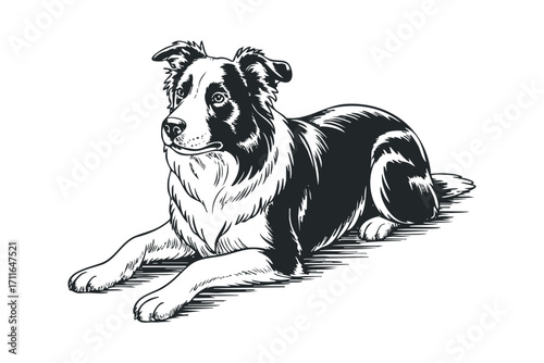 Black and white sketch of a Border Collie dog lying down on transparent background. Vector hand drawn illustration