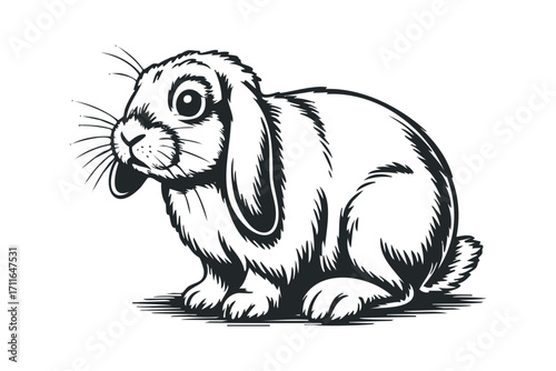 Line art bunny rabbit with long ears on transparent background. Vector hand drawn illustration