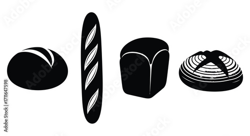 Artistic black silhouettes of various freshly baked bread loaves and baguette vector