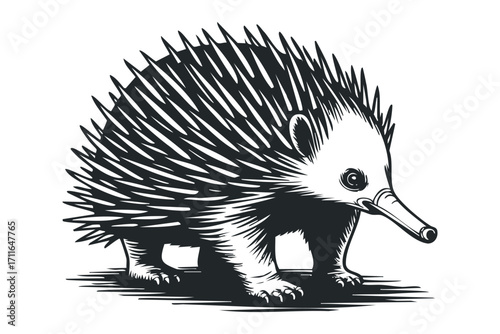 Spiky echidna animal graphic on transparent background. Vector hand drawn illustration