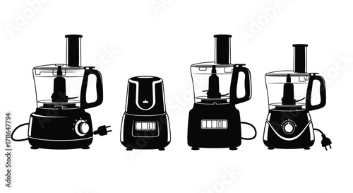 Four diverse black food processors displayed in a clean studio setting ready for culinary tasks vector