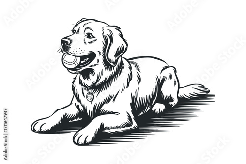 Happy Retriever Dog with Ball on Transparent Background. Vector hand drawn illustration