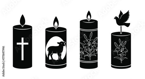 Set of four decorative candles with religious and floral motifs and a dove silhouette vector