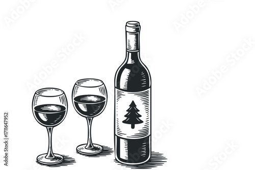Vintage style line drawing of wine bottle and glasses with pine tree on label. Vector hand drawn illustration