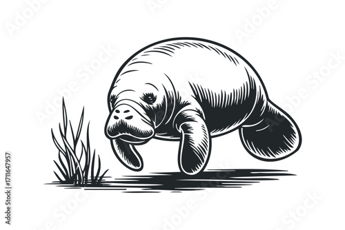 Sea Cow With Grass Silhouette. Vector hand drawn illustration