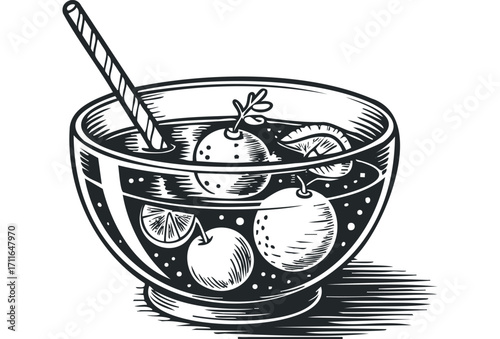Large punch bowl with fruit and straw graphic. Vector hand drawn illustration