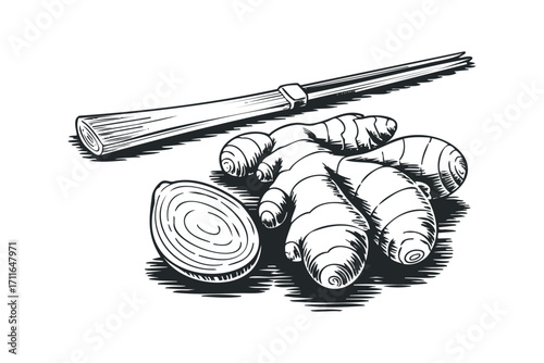 of fresh ginger root and sliced onion with lemongrass stalk on transparent background. Vector hand drawn illustration