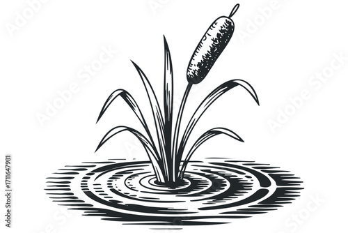 Cattail plant growing in water with ripples. Vector hand drawn illustration