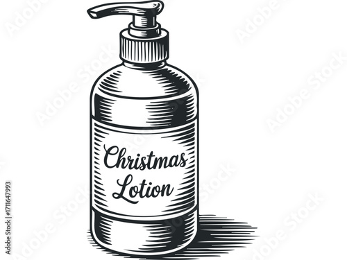 Vintage Christmas lotion bottle with dispenser pump and label. Vector hand drawn illustration