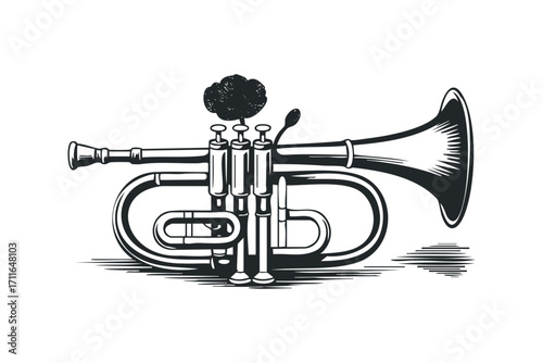 Black line art of a brass instrument with a plume on a transparent background. Vector hand drawn illustration