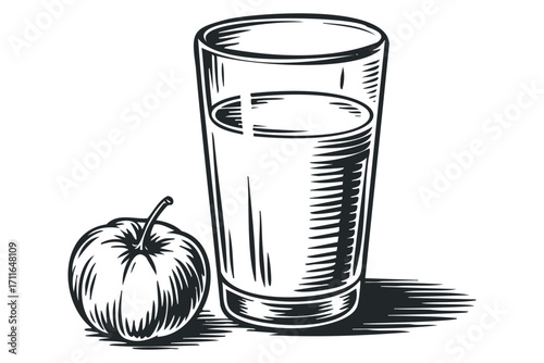 Glass of fresh liquid beside whole fruit on transparent. Vector hand drawn illustration