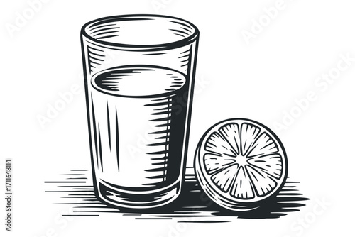 Tall glass of refreshing citrus juice next to a sliced lemon fruit on white. Vector hand drawn illustration