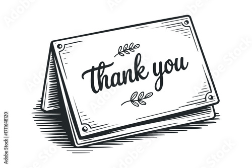 Hand drawn thank you card with foliage. Vector hand drawn illustration
