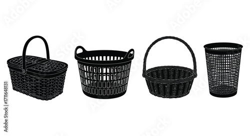 Four diverse black woven baskets arranged for product display and household organization vector