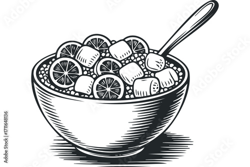 Bowl of cereal with fruit and spoon graphic on transparent background. Vector hand drawn illustration
