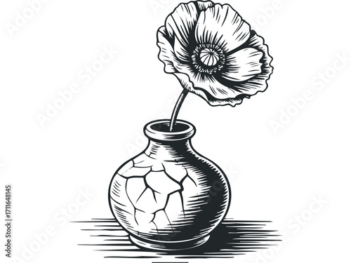 Vintage poppy in cracked vase, isolated on transparent. Vector hand drawn illustration