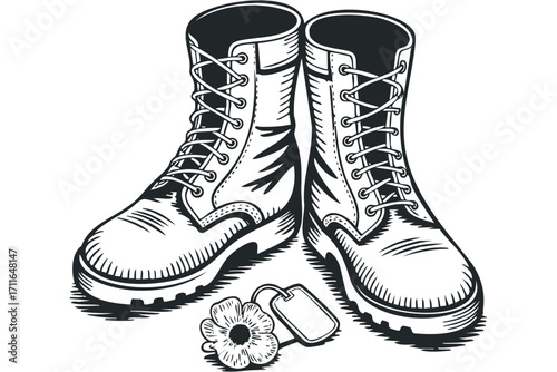 Pair of combat boots with dog tag and poppy flower on transparent. Vector hand drawn illustration