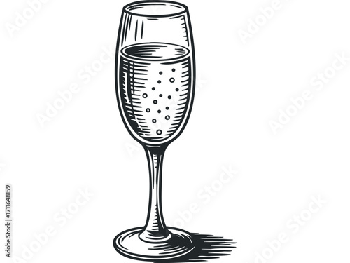Champagne flute filled with bubbly liquid with engraved texture. Vector hand drawn illustration