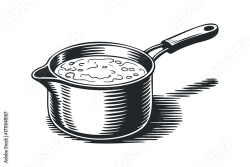 Black and white drawing of a saucepan with boiling liquid on transparent background. Vector hand drawn illustration