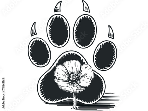 Black paw print with flower. Vector hand drawn illustration