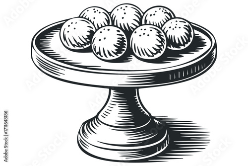 Line art of round pastry balls on a decorative plate. Vector hand drawn illustration