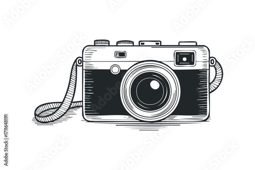 Vintage Camera with Strap Isolated Transparent Graphic. Vector hand drawn illustration
