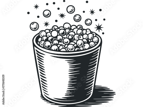 Bucket overflowing with bubbles and stars. Vector hand drawn illustration