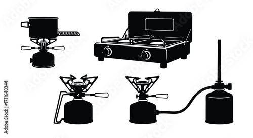 Collection of camping stoves and portable cookware for outdoor adventures and cuisine vector