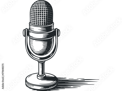 Vintage microphone on a transparent background. Vector hand drawn illustration