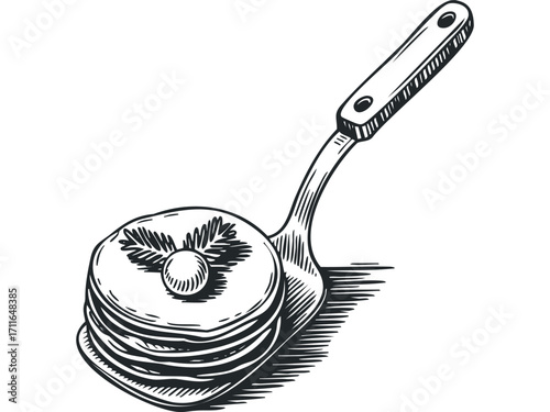 Stack of Pancakes on Spatula. Vector hand drawn illustration