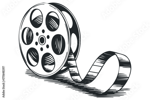 Film reel with unwinding tape on transparent background. Vector hand drawn illustration