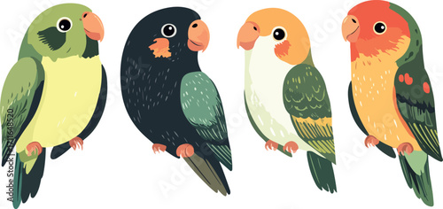Four colorful and cute cartoon lovebirds perched together on a white background