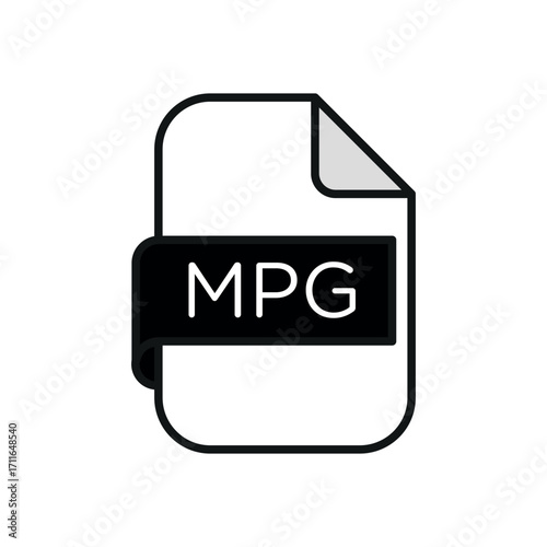 Illustration of an mpg file icon with a folded corner and a black label displaying the mpg text format
