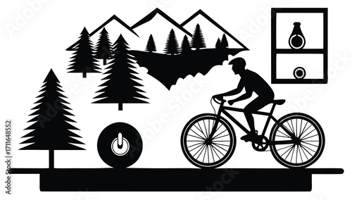 A silhouette vector illustration of a person riding a bicycle in the city