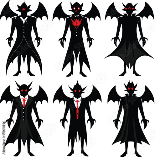 Creepy vampire character vector collection with bat wings and gothic style design for Halloween spooky decoration