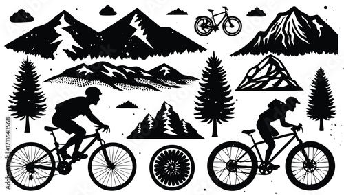 Mountain biking silhouettes show people enjoying the sport of cycling with speed and activity on their bikes