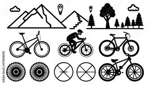 Vintage cycling transport vector illustration icons set for mountain bike sport and race