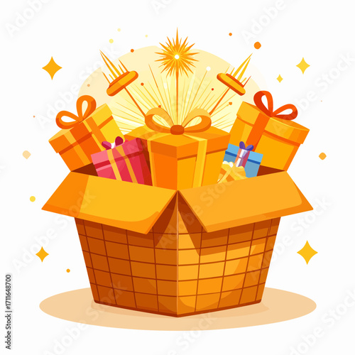 A celebratory basket of presents and surprise gift boxes for the festival of lights, a festive diwali vector illustration concept for greetings